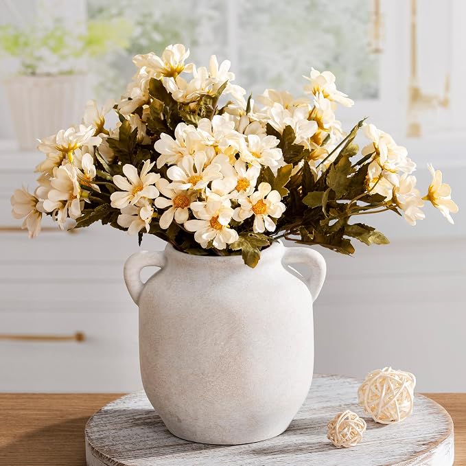 Vanselia Ceramic Flower Vase Home Table Decor Living Room Farmhouse 6 in | Small White Rustic Decorative Flowers Vases Plant Modern Decoration for Kitchen Shelf Coffee Dining Centerpieces Desk