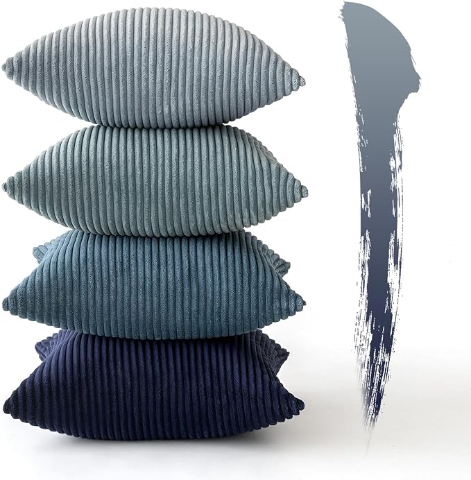 MIULEE Soft Corduroy Decorative Throw Pillow Covers Blue Navy Series 16x16 | Set of 4, Modern Nordic Coastal Decor, Classic Blue Palette, Boho Farmhouse Cushion Covers for Couch Bed Sofa Living Room