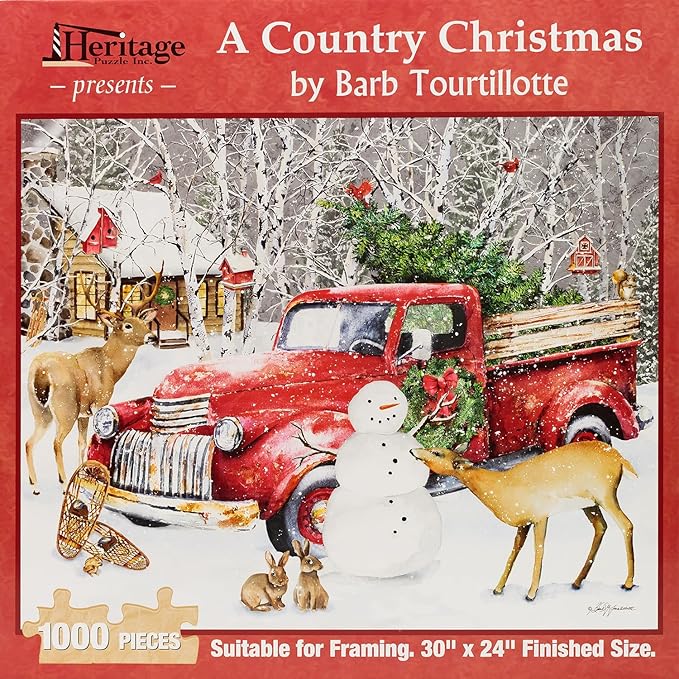 Heritage Puzzle – A Country Christmas by Barb Tourtillotte – 1000 Piece Puzzle for Adults – Cool and Challenging Winter Scene with Santa, Cabin and Snow - Large 30" x 24" Finished Size