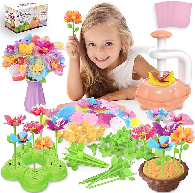 Fabric Flower Bouquets Toys for Toddlers and Girls Ages 3 4 5 6 7 8 9, Arts & Crafts Kit for 4-8 Year Old Kids, Ideal Festive Xmas Gifts for Preschool Girls, Educational Handmade DIY Activity Set