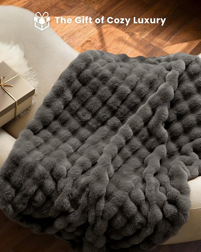 Ultra Soft Cozy Faux Fur Throw Blanket-Fuzzy Plush Thick Bubble Blanket, Fluffy Blanket for Couch, Sofa, Bedroom, and Living Room, 50x60 Inches, Dark Grey Taupe
