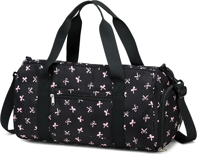 Gym Bag Sports Duffle Bag with Wet Pocket Weekender Overnight Bag with Waterproof Shoe Compartment for Girls Kids Women Travel Dance Yoga Workout Bag (Bow Pink-Black)