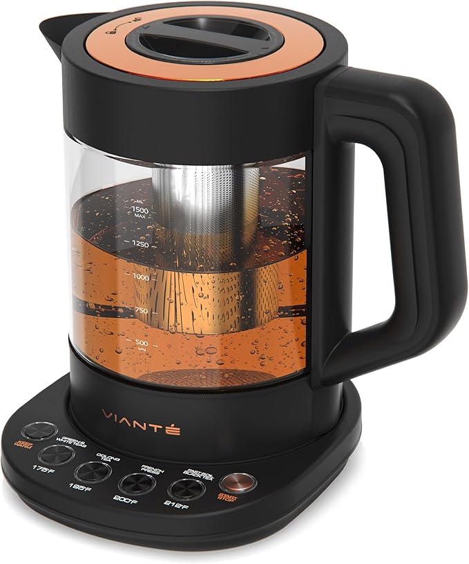 Viante Alba Electric Tea Kettle with Infuser, No Plastic In Contact With Water, 1.5L Borosilicate Glass, 304 Stainless Steel, 4 Temperature Presets, Keep Warm, Cordless, Auto Shut-Off, Black