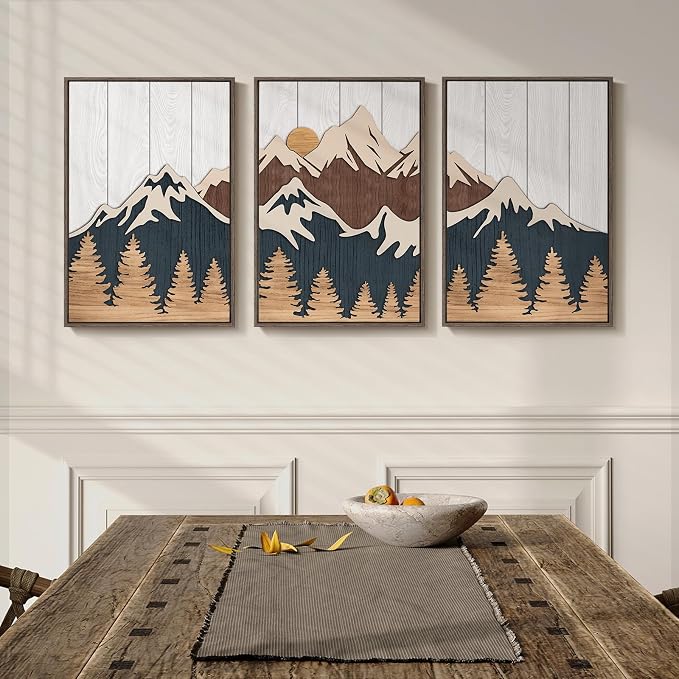 Framed 3D Wood Mountain Textured Wall Art for Living Room, 3 Piece Farmhouse Modern Wood Artwork for Walls, Landscape Mountain Forest Sun Wall Art Decor for Home Office Bedroom Hallway, 16x24 Inch