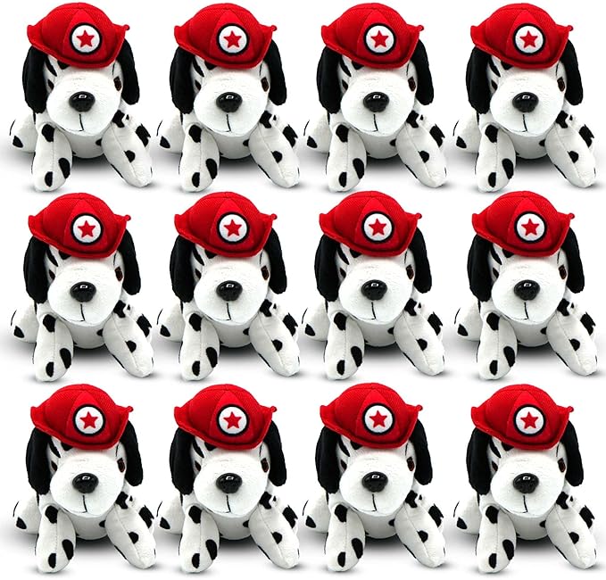 4E's Novelty 12 Pack Dalmatians Stuffed Animals - Soft Stuffed Dalmatian Dog Plush, 6” Small Dalmatian Puppy Plush with Fire Hat, Dalmatian Dog Toy for Kids, Birthday Party Favors