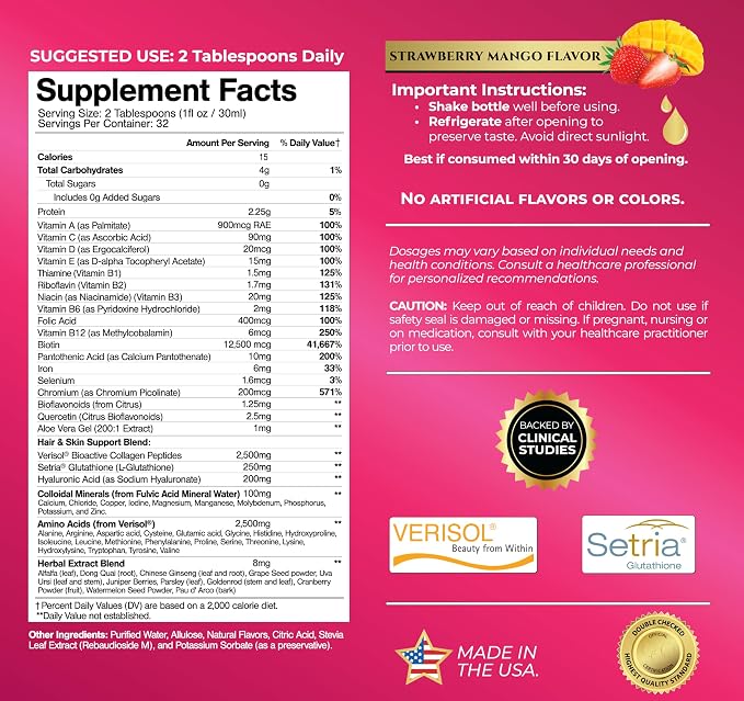Tropical Oasis Women's Liquid Multivitamin + Hair Growth | Clinically Tested for Thicker Hair, Wrinkles, Brighter Skin, Strong Nails | 2.5g Verisol Collagen | Biotin 12500mcg | 32 Serv