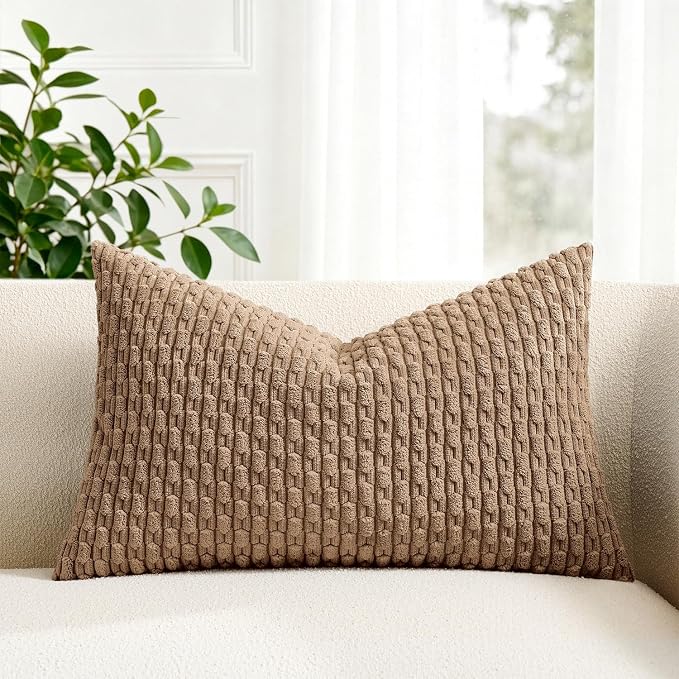 Kevin Textile Soft Corduroy 12"x24" Lumbar Pillow Cover 1 Pack, Khaki | Boho Stripe Plush Corduroy Decorative Oblong Cushion Cover Modern Farmhouse Home Decor for Sofa Couch Bed Chair