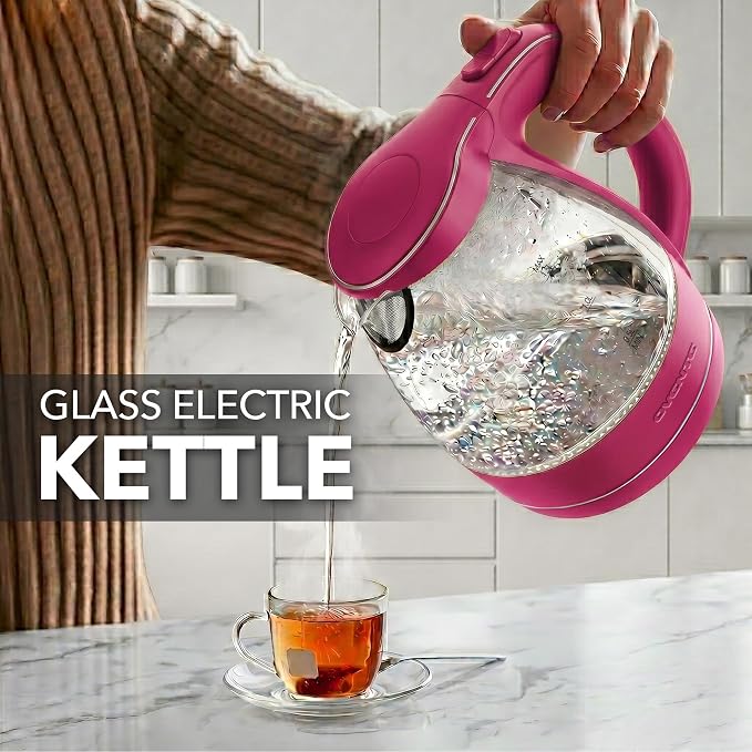 OVENTE Electric Kettle, 1.5L Borosilicate Glass Countertop Water Heater and Boiler for Coffee or Tea, BPA-Free, Auto Shut-Off, Boil-Dry Protection, Removable and Washable Spout Filter, Pink KG83F