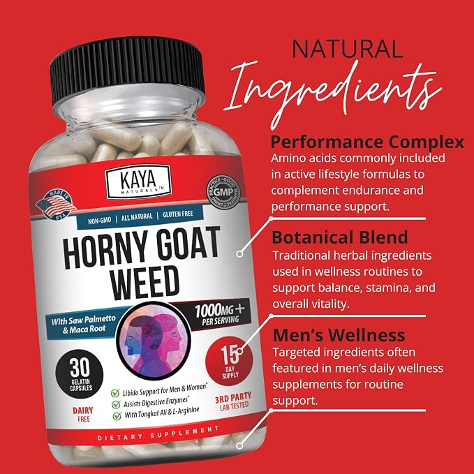 Kaya Naturals Horny Goat Weed for Men and Women - 1560mg Complex with Maca, Saw Palmetto, Ginseng, Arginine Vitamin Supplement - Horny Goat Weed - 30 Count
