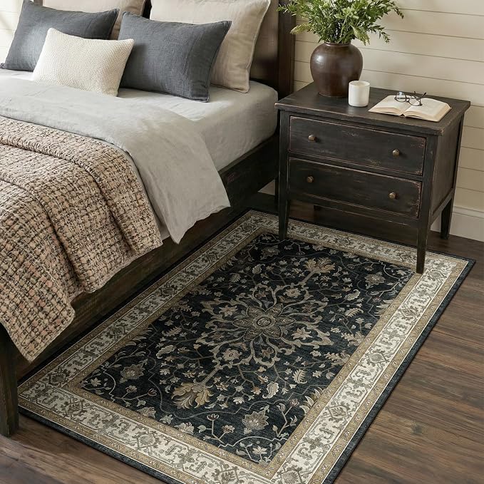 RELEANY Area Rugs 3'x5' Washable Non-Slip, Floral Vintage Distress Medallion Carpet for Living Room Bedroom Dining Room, Vintage Black Brown Neutral