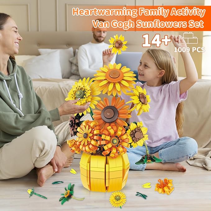 Flowers Sunflower Building Sets for Adults, Van Gogh Prints Art Botanical Collection for Woman Girls 14+, Artificial Pot Bouquet Plants Kits, Home Decor/Christmas/Valentine/Mother's Day Birthday Gifts