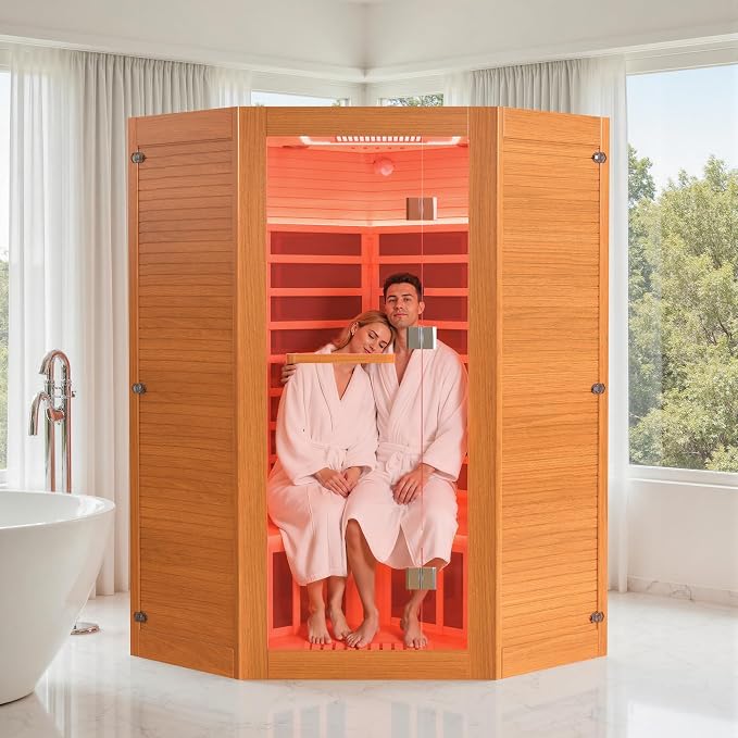 HUGROVE 2-3 Person Low EMF FAR Infrared Sauna for Home, Indoor Canadian Hemlock Dry Heat Sauna Kit with Bluetooth Speakers, LED Lights & Smart Control Panel