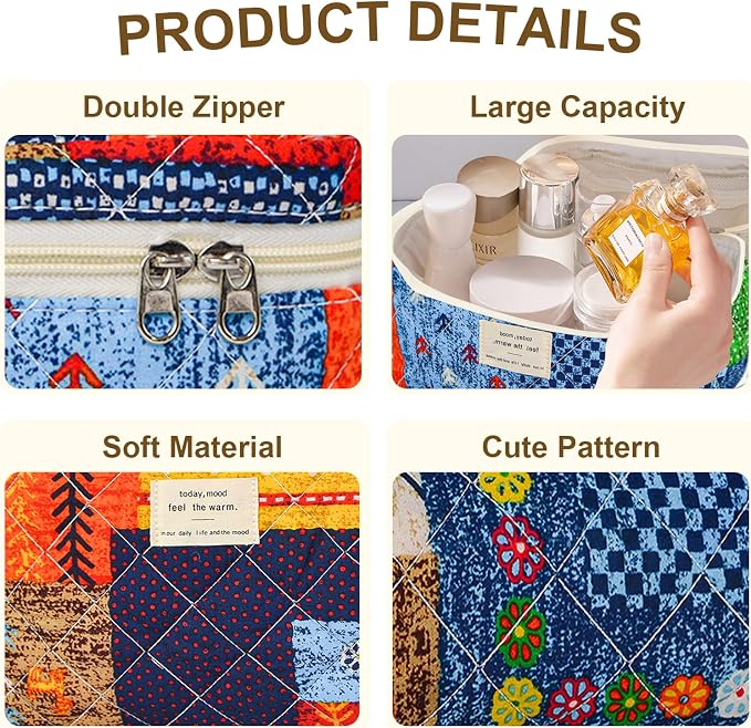 GISMTR 3Pcs Makeup Bag Cotton Quilted Travel Cosmetic Bag Cute Floral Makeup Pouch Large Toiletry Bag for Women Girls