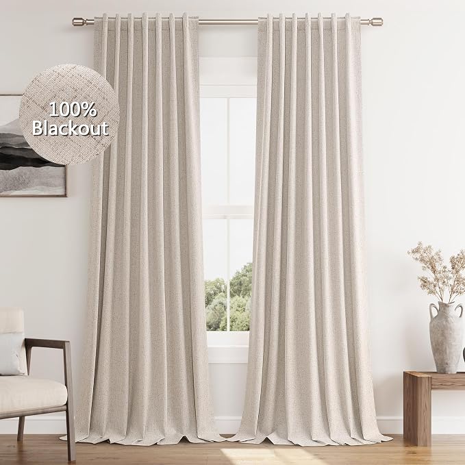 Guken Oatmeal 100% Blackout Curtains 96 Inch Length 2 Panels Set for Living Room Bedroom Back Tab Thermal Insulated Black Out Linen Drapes Room Darkening Window Curtains 96 Inches Long