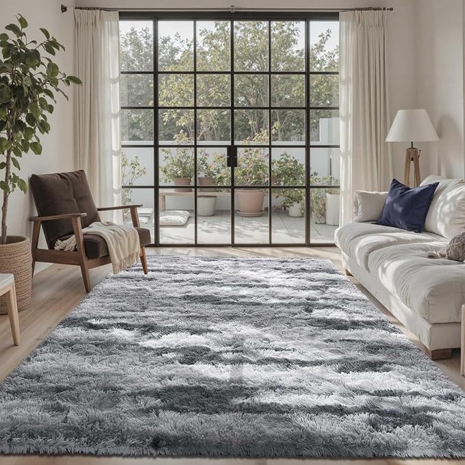 5x7 Ft Large Shag Rug for Living Room Bedroom,Tie-Dyed Ultra Soft Fluffy Furry Area Rug, Aesthetic Grey Carpet for Indoor Floor Home Decor