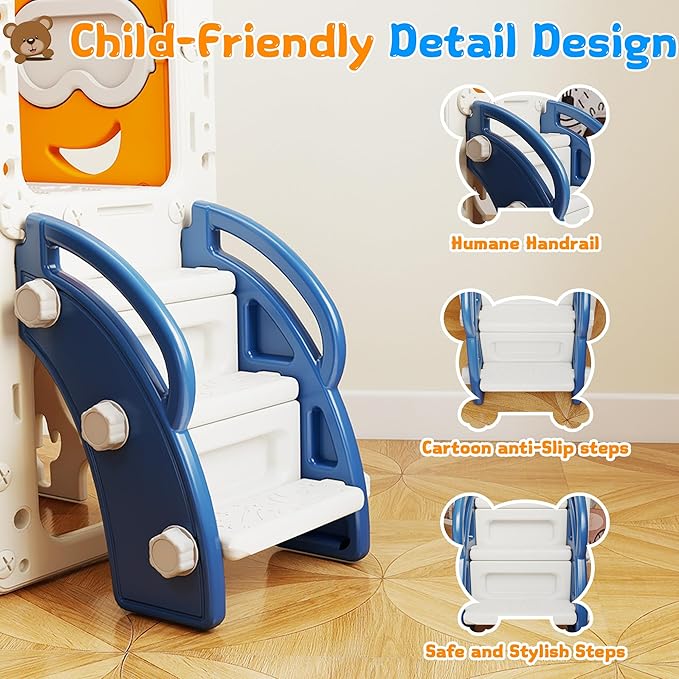 8-in-1 Toddler Slide, Indoor Slide for Toddlers Ages 1-3 and Indoor/Outdoor Play Set Playground with Storage, Climber, Telescope, Golf Set, Drawing Set, Basketball Hoop Bear Theme
