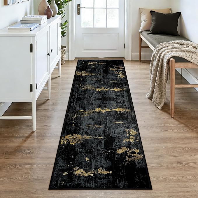 RELEANY Washable Runner 2'6"x8' Abstract Area Rug for Hallway Black Gold | carpet for kitchen, entryway, bathroom, living room, bedroom, printed pattern, non-slip, soft, stain-resistant, easy to clean