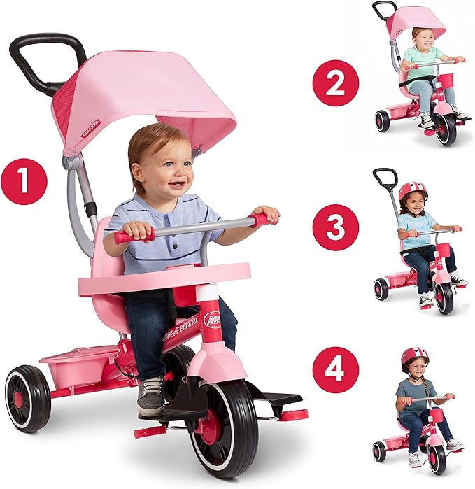 Radio Flyer Stroll N Trike Grows with Child, Converts from Parent Steering to Pedaling for Ages 1-5, Features Safety Harness, UV-Protection Canopy, Cup Holder, Toy Storage, and More, Amazon Exclusive