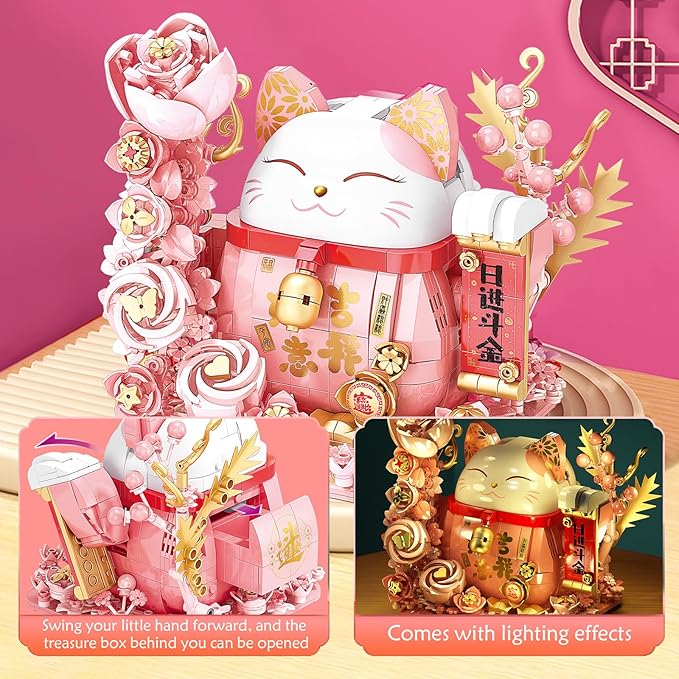 Lucky Cat Building Block Set, Compatible with Lego Cat, 868Pcs Cute Fortune Cat with Flowers Building Blocks, Christmas Birthday Creative Gift for Girls Boys Adult (Pink Cat)