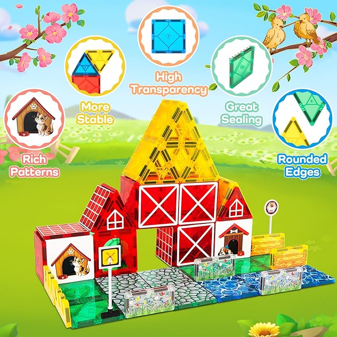 Magnetic Tiles Farm Animals Set, STEM Magnetic Building Blocks for Toddlers 3-5 5-7, Sensory Montessori Magnet Tiles for Kids Ages 4-8 Years Old Boys Girls, Magnet Toys Birthday