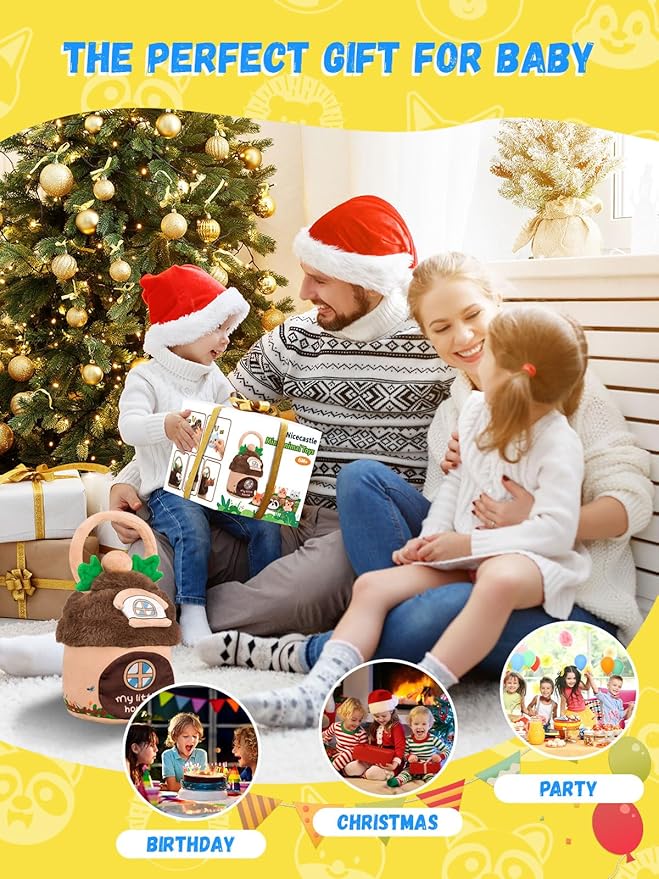 Baby Toys 6-12 Months Forest Farm Animal Stuffed House Set with Map Hazelnut Stuffed Farm Animals Rattle Squeaker Montessori Toys for Babies Sensory Infant Toy Toddler Gift 1-3 Year Old