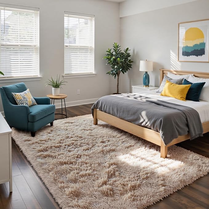 yongyangjuxin Fluffy Rug Shag Area Rug, Beige 6x9 Area Rugs for Living Room, Large Shag Area Rugs for Bedroom Room Home Decor, Upgrade Anti-Skid Rectangular Fuzzy Rugs