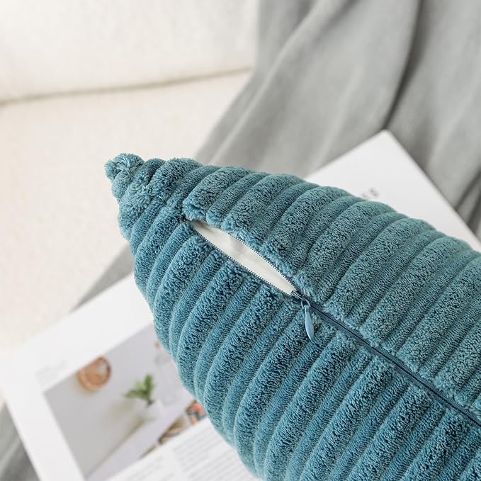 UGASA 14x24 Inch Pillow Cover Pack of 1 Soft Boho Stripe Corduroy Long Rectangle Lumbar Cushion Case Farmhouse Decorative Throw Pilowcase for Bed, Couch, Sofa, Bedroom, Living Room, Blue Grey