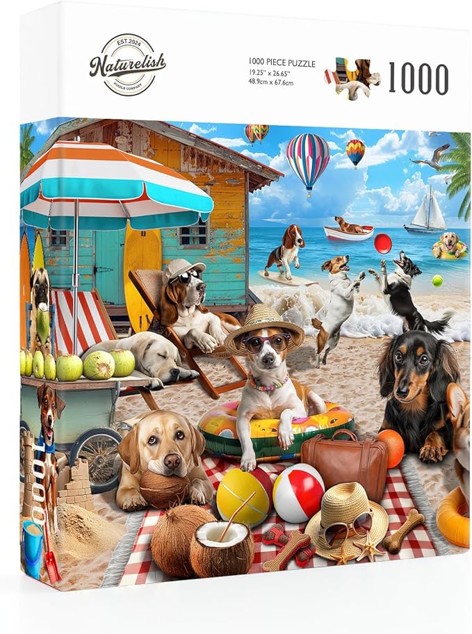 1000 Piece Jigsaw Puzzle for Adults - Dog Days at The Beach, Vacation Scene with Coconut Hut, Hot Air Balloons, and Playful Details, Fun and Challenging Jigsaw by Naturelish, 26.65 x 19.25 in