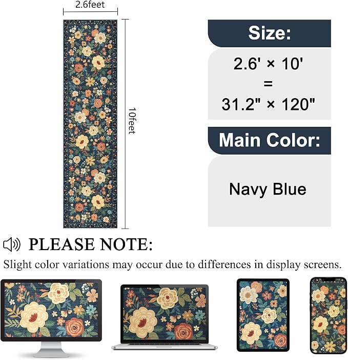 DUKINO 2.6x10 Hallway Runner Rug Washable Kitchen Rugs Non Slip, Navy Blue | Soft, Low Pile, Floral Indoor Floor Rug Runner for Entryway, Bedroom, Bathroom, Laundry, Pet Friendly, Home Decor, Ultra-Thin