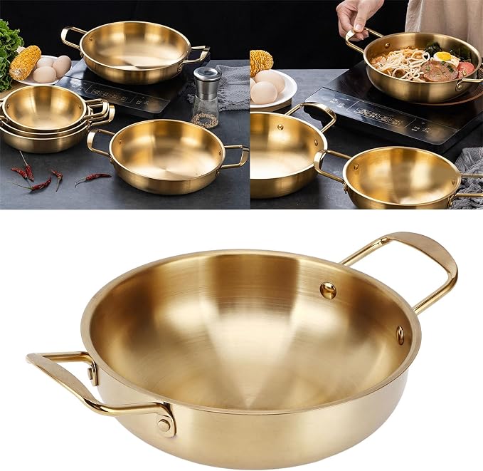 Generic Ramen Pot with Handles,Stainless Steel Ramen Cooking Pot Korean Noodle Pot Without Lid, Golden Korean Cooking Pot for Soup, Noodle, Pasta, Home and Outdoor, Dishwasher Safe, 7.1in