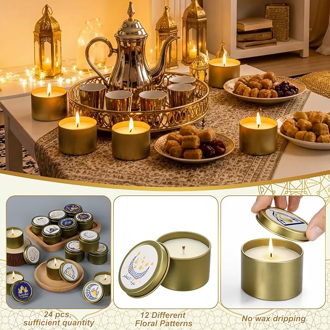 Nuanchu 24 Pack Eid Mubarak Scented Candles Gift 2 oz Blue Gold Star and Moon Design Ramadan Aromatherapy Soy Wax Jars Lasting Bulk Favors for Home Islamic Holiday Party Decor