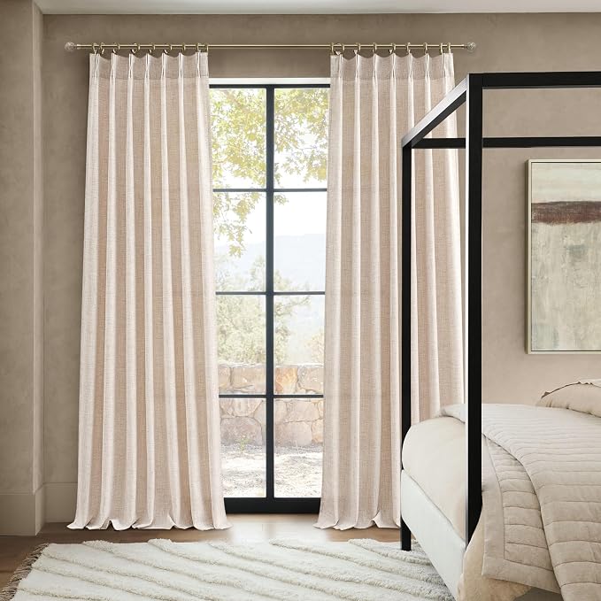 PleatedDrapes Textured Semi Sheer Burlap Curtains 84 Inches Long, Neutral Country Tan Beige Flax Linen Ceiling Track Light Filtering Curtains for Sliding Glass Door/Ofiice 2 Panels Hooks Privacy Drape