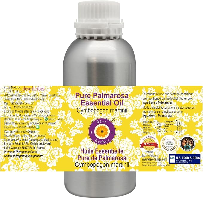 Deve Herbes Pure Palmarosa Essential Oil (Cymbopogon martinii) Steam Distilled 1250ml (42 oz)
