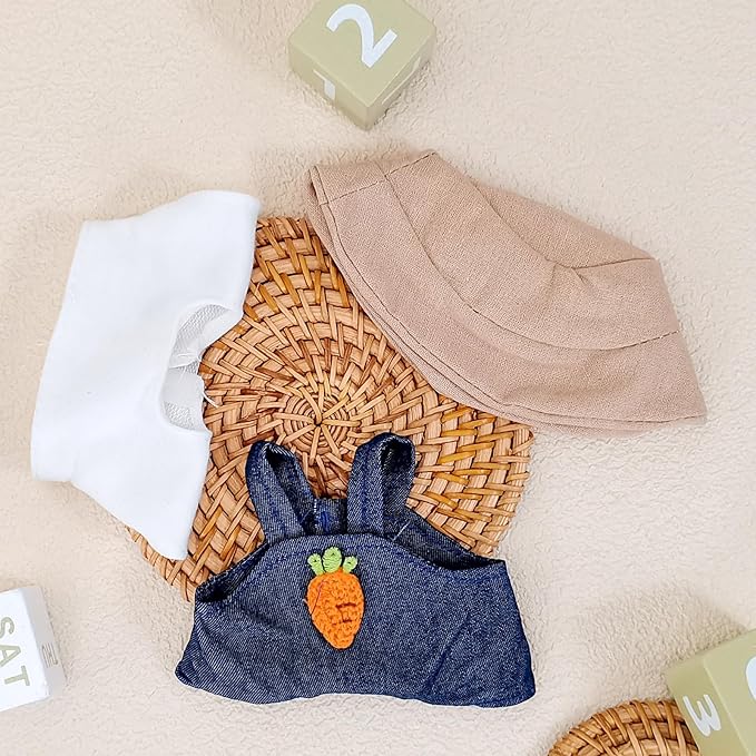 Doll Clothes for 17cm Dolls, Cute Outfit Set with Accessories, Bucket Hat and Overalls (No Doll) (Carrot Overalls Set)