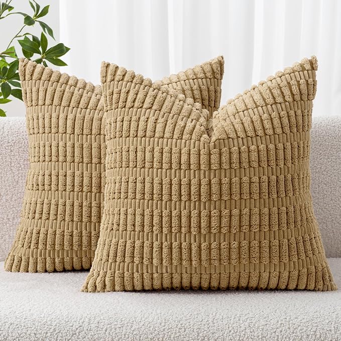 MIULEE Euro Sham Corduroy Decorative Throw Pillow Covers 22x22 Khaki | Pack of 2 Soft Boho Striped Pillow Covers Modern Farmhouse Fall Home Decor For Sofa Living Room Couch Bed