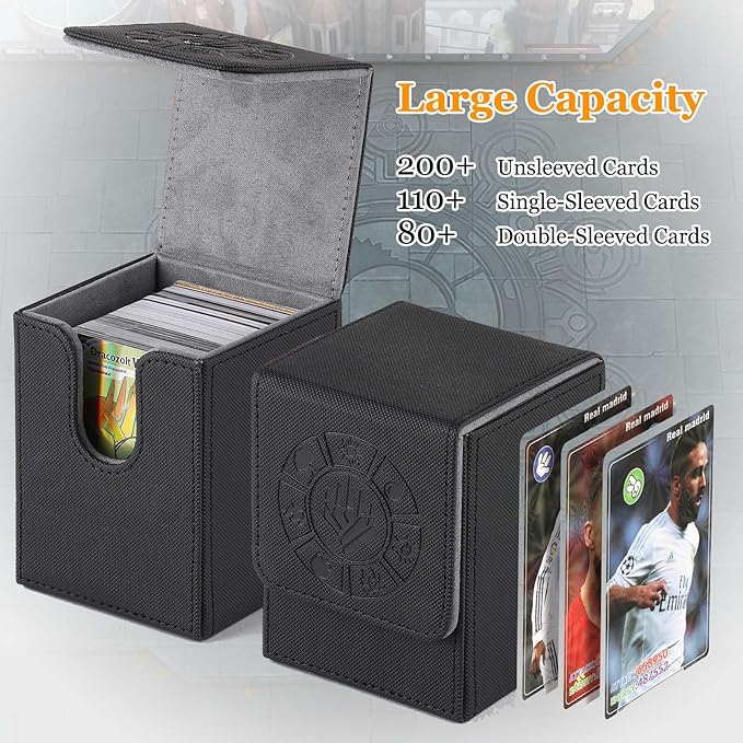 Arkeiliy Card Deck Box, 110+ Storage MTG Deck Box with 50 Pcs Card Sleeve, Collectible Trading Card Cases for Magic Commander and More (Black)