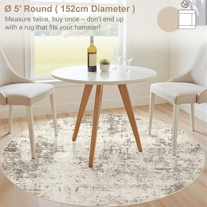UERMEI 5ft Round Area Rug Living Room Rugs - 5x5 Washable Neutral Modern Abstract Soft Thin Rug Indoor Floor No Slip Rug Carpet for Bedroom Under Dining Table Home Office Decor - Dark Brown