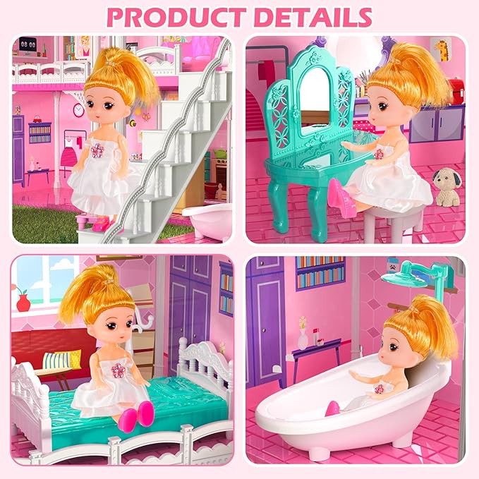 Dolls House for Girls Toys, 4 Stories 10 Rooms Dollshouse with 2 Princesses Slide Accessories, Playset for Toddler Playhouse Gift for for 3 4 5 6 7 8+ Year Old Girls Toys