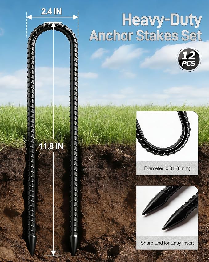 Joyhalo Ground Stakes 11.8 Inch 12 PCS Rebar Stakes U Hook, Heavy Duty Metal Trampolines Wind Stakes, Galvanized Steel Ground Anchors for Tents, Swing Set, Fences, Outdoor Decorations and More