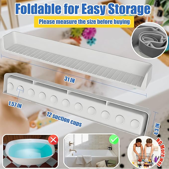 Bathtub Splash Guard for Kids Adult - 31IN Silicone Bath Tub Tray with 11 Suction Cups, Bathtub Accessories Bath Toy Holder Play Shelf , Bathtub Sink Side Splash Guard Tray, Gray