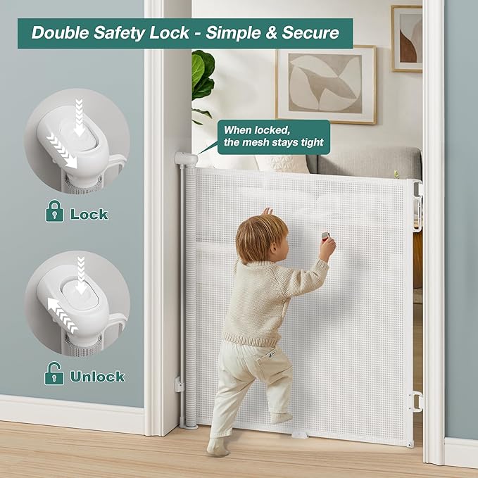 Babepai Retractable Baby Gates Extra Wide | 72" Wide x 34" Tall Dog Gates for Stairs | Indoor/Outdoor Use | Child Gates for Doorways, Deck, Porch, Hallways, Patio - White