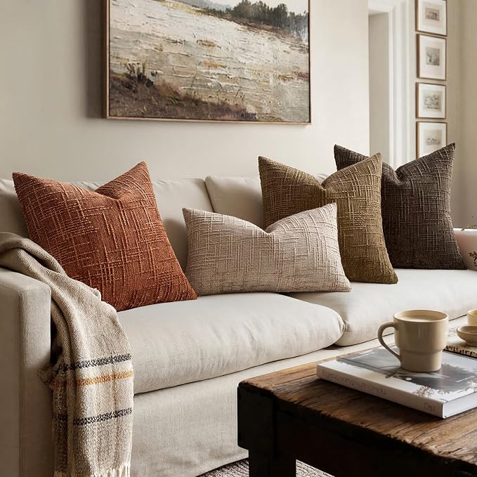 MIULEE Chenille Textured Fall Euro Throw Pillow Covers Burnt Orange 26x26 | Set of 2, Slubby Decorative Pillows, Boho Farmhouse Home Decor, Modern Neutral Cushion Covers for Couch Sofa Bed Living Room