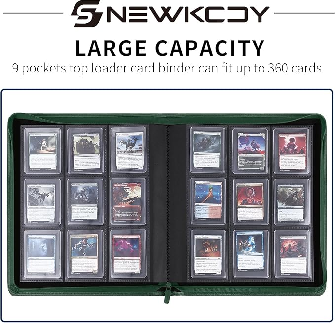 Snekdy Top loader Binder, 9 Pockets Top Loader，Holds 360 Top Loaders cards, Card binder with Sleeves for card in 3 x 4 inch color smooth Zipper PU Leather (Green)