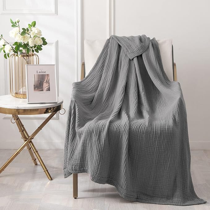 EMME Muslin Blankets for Adults Throw Blanket for Couch Breathable Gauze Soft Lightweight Airy Grey Twin 60" x 80"