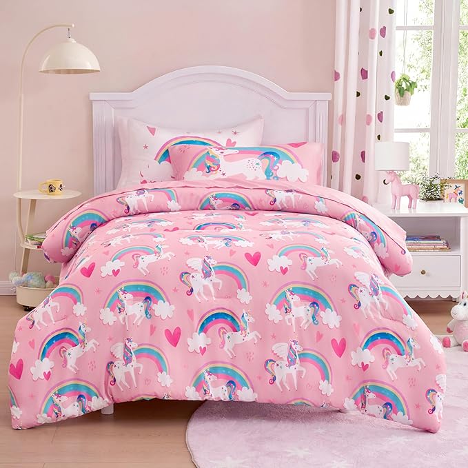Joiedomi Kid Twin Comforter Set 5 Piece Unicorn Rainbow Bedding Set for Boys/Girls Super Soft Microfiber Bed in a Bag with Comforter Sheets Pillowcase & Sham