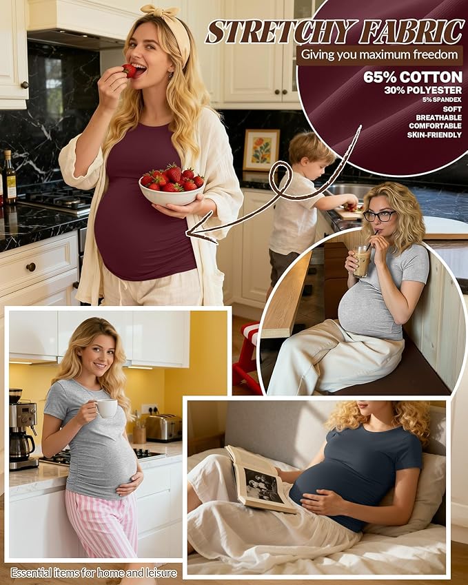 Huukeay 4 Pack Women's Maternity Shirts, Crew Neck Maternity Top Short Sleeve Casual Cotton Tee Side Ruched Pregnancy Clothes