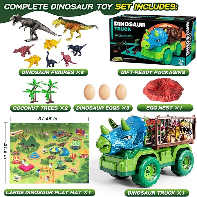 Dinosaur Cars Truck Toys for Kids 3-5 with 8 Dinosaur Figures, Activity Play Mat, Dinosaur Egg, Trees, Jurassic Play Set for Boys and Girls Ages 5-7