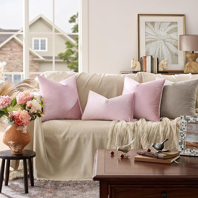 GIGIZAZA Sweet Lilac Velvet Throw Pillow Covers 24x24 Pack of 2 | Decorative Pink Pillows for Couch Sofa,280gsm Soft Textured Fabric,Modern Square Pillowcases,Luxury Cushion Covers