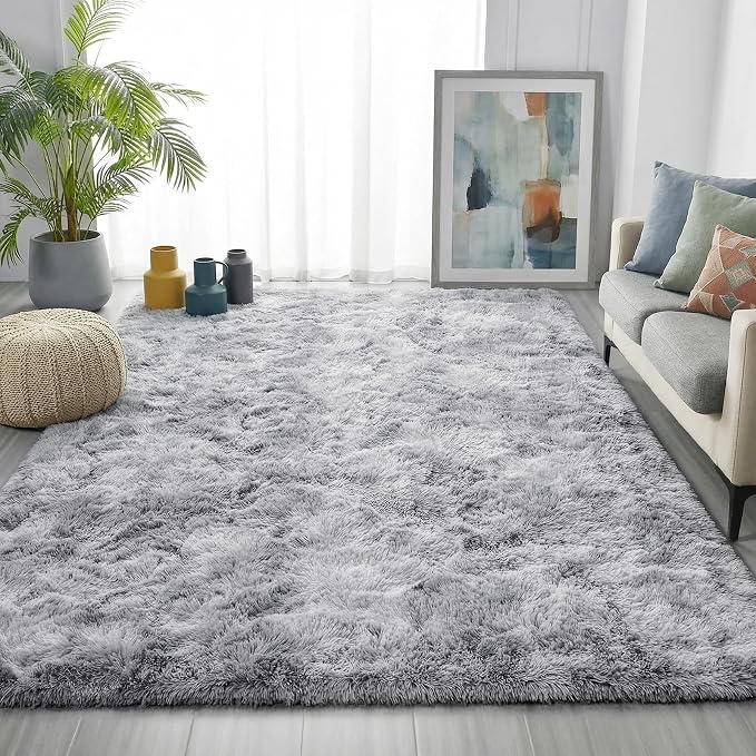 PAGISOFE Abstract Shaggy Washable Area Rug 4' x 6' Plush Soft Fluffy Fuzzy Furry Carpet for Living Room, Home Decor Aesthetic Tie-Dyed Light Grey Bedside Rugs, Nursery Grils Boys Kids Room