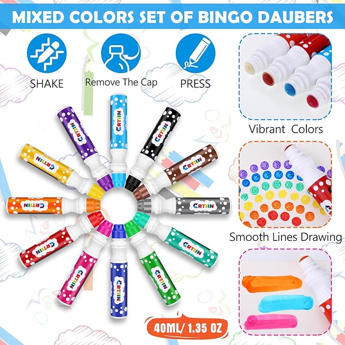 Crtiin 60 Pack Bingo Daubers Bulk 12 Assorted Colors Dot Markers 1.35 oz Dot Markers Paint Set Bingo Game Supplies for Kids Toddles Adults Art Painting Drawing Craft Coloring Party Gift